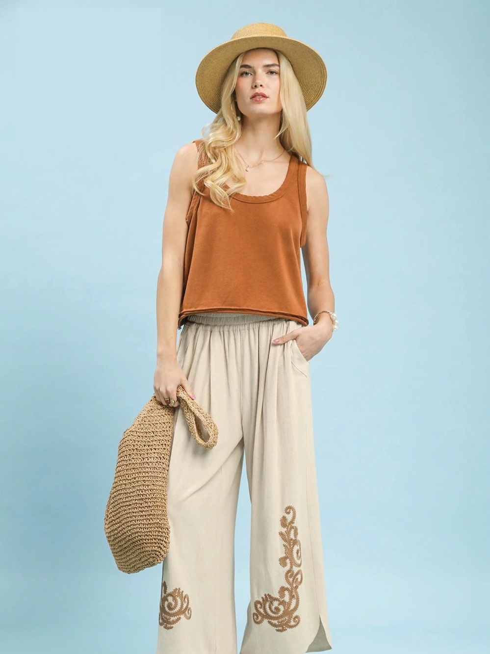 Umgee Linen Embroidered Wide-Leg Boho Pants - Picture 5 of 6
